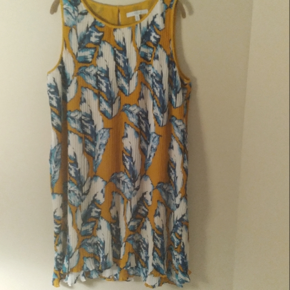 Fever Sleeveless Summer Dress Womens XL Lined Yellow Blue Leaf Print
